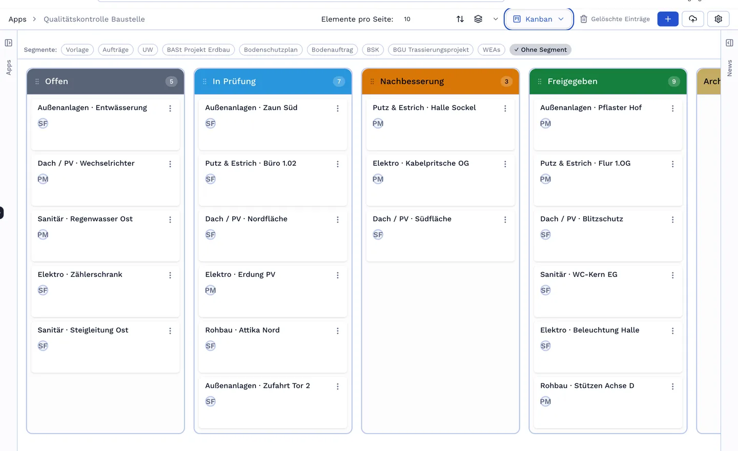 Kanban-Ansicht der Prüfprotokolle nach Status