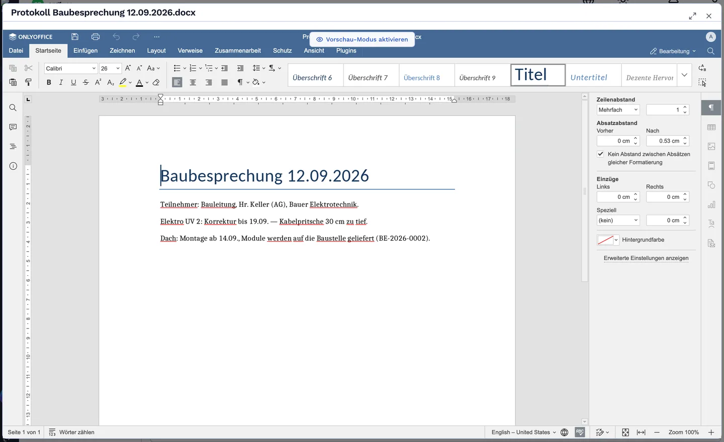 OnlyOffice: ein Baubesprechungsprotokoll als .docx im Browser