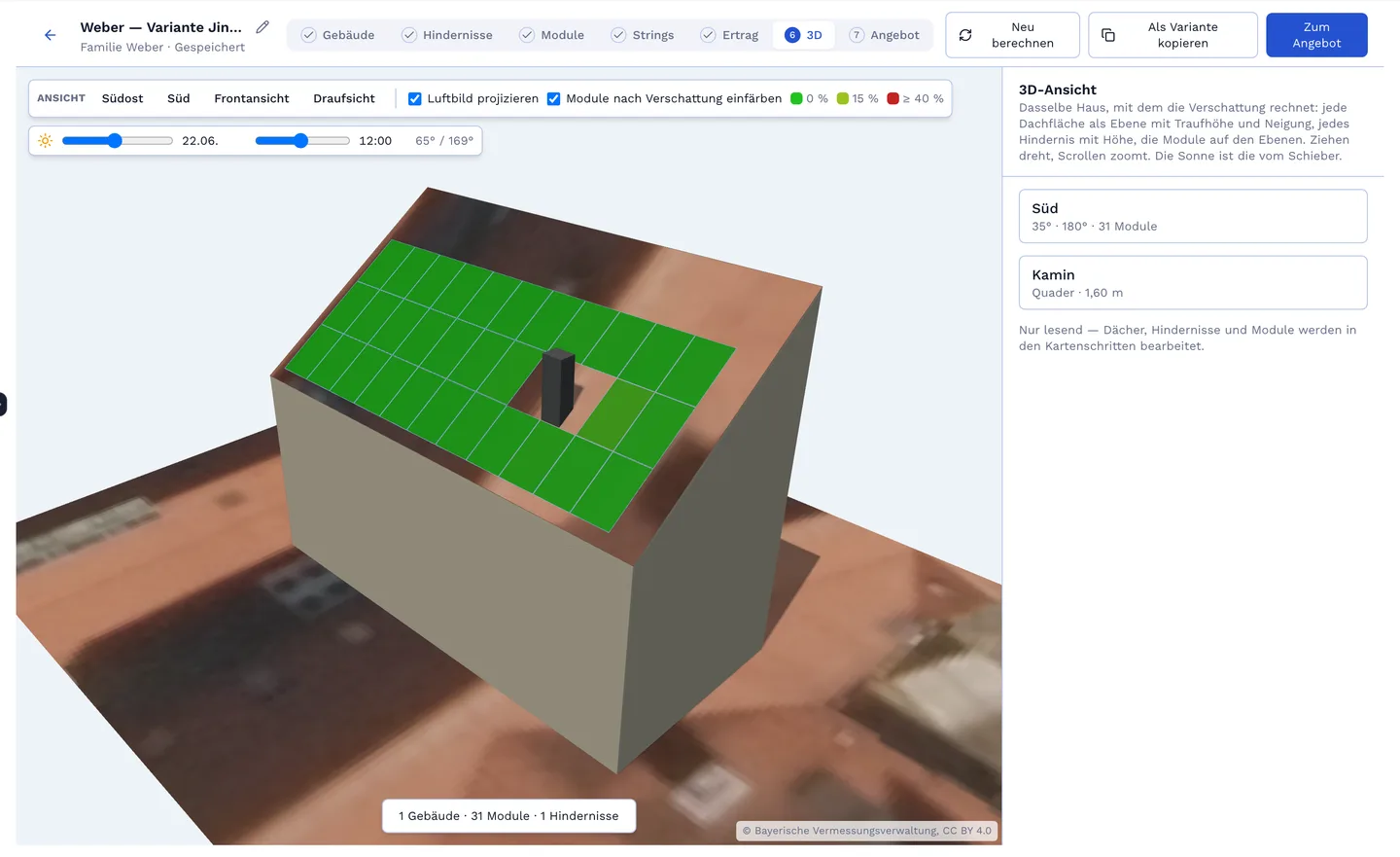 PV-Planer: 3D-Ansicht des Hauses mit nach Verschattung eingefärbten Modulen