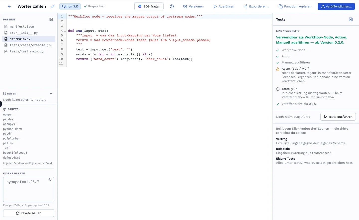 Eine Function im Studio mit Code und Läufen