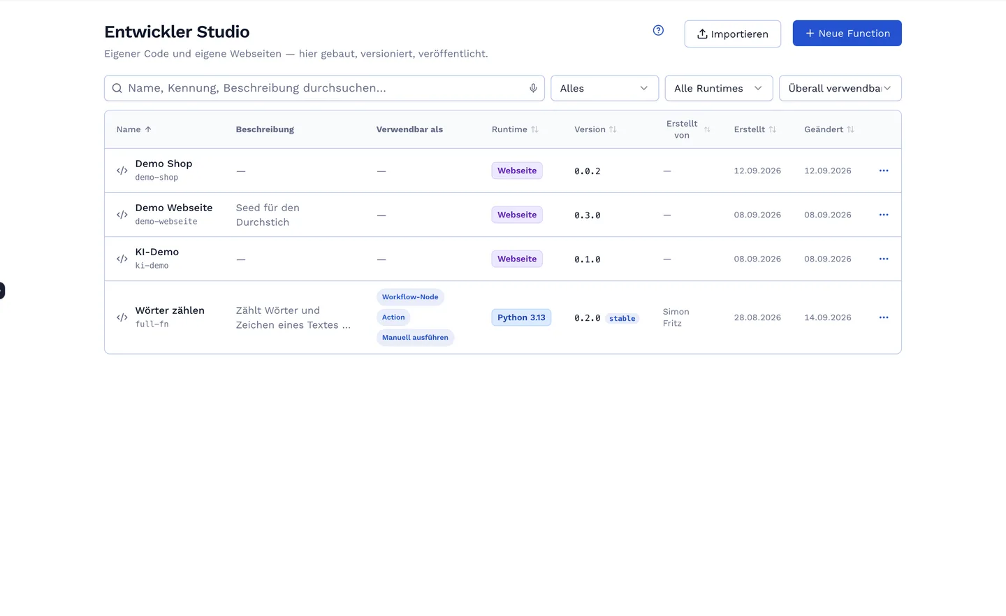 Developer Studio mit Functions und Websites